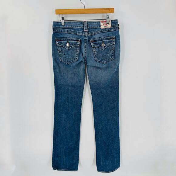 True Religion Women’s Jeans Size 28 Blue Straight Leg Low Rise Distressed Denim - Picture 2 of 9